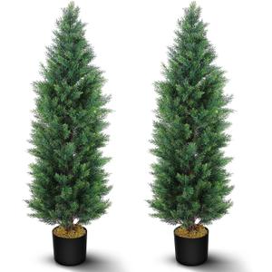 Hananona 2 Pcs 4 Ft Artificial Topiary Cedar Trees, Outdoor Faux Pine Shrubs, Realistic Fake Greenery Plants UV Resistant Cypress Trees for Christmas Porch Front Door Decor (2, Green, 4 Ft)