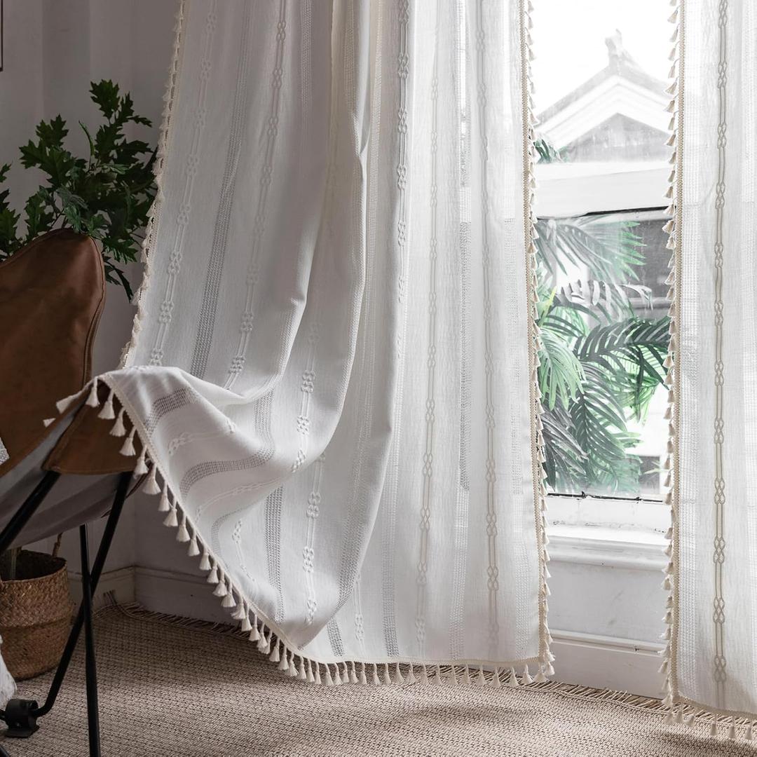 Boho Linen Curtains Farmhouse Cotton Cream Curtains 63" 84" 96" inches Length Semi Blackout Curtains with Embroidery Striped Light Filtering Drapes 2 Panels Set for Living Room Bedroom, Ivory White