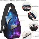 Galaxy Crossbody Sling Bags for Women Men Blue and Purple Galaxy with a Planet and a Moon Space Background Travel Sling Backpack Casual Shoulder Bag Universe Theme Gym Sports Hiking Daypack