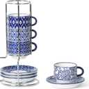 Selamica Ceramic Espresso Cups with Saucers and Metal Stand, 2.5 OZ Stackable Demitasse Cups for Espresso Latte Caf Mocha Tea, Set of 4, Vintage Blue