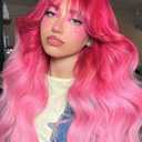 FANCEE Pink Wig with Bangs Long Curly Wavy Wig with Blunt Bangs for Women 26 Inch Synthetic Ombre Hot Pink and Pastel Pink Loose Wave Wigs for Cosplay Halloween Party Daily Use Ghost Roots