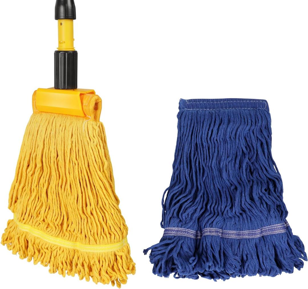 Commercial Mop,Masthome Looped-End String Wet Mop,Heavy Duty Industrial Mops with 2 MopHeads,Cotton Floor Dust Mops for Floor Cleaning, Suitable Home, Garage, Office (Yellow-Blue)