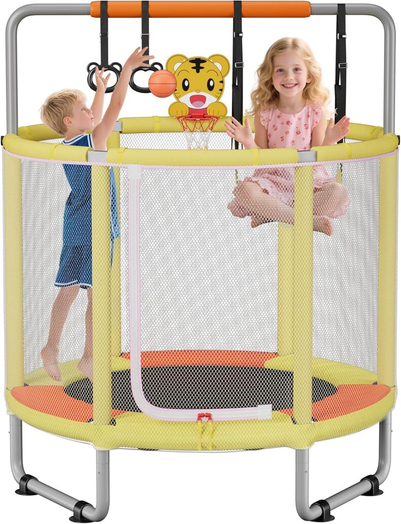 55" Trampoline for Kids, 440lbs Capacity ASTM-Approved Mini Toddler Trampoline with Safety Enclosure Net,4 in 1 Adjustable Gymnastics Bar & Toys, Indoor & Outdoor (Yellow)