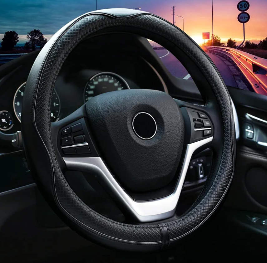 Valleycomfy Steering Wheel Covers Universal 15 inch - Genuine Leather, Breathable, Anti Slip & Odor Free (Black with Black Lines, M(14" 1/2-15" 1/4))