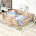 Harper & Bright Designs Full Size Wood Floor Bed Frame for Girls/Boys with Safety Guardrails and Door, Montessori Floor Bed for Kids, Natural