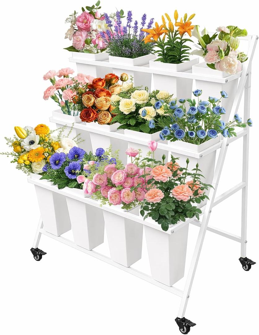 PROLEE Flower Stand with 12 Buckets, Flower Display Stand with Wheels, Flower Cart, Moving Florist Bouquet Shelf, Triangular (White)