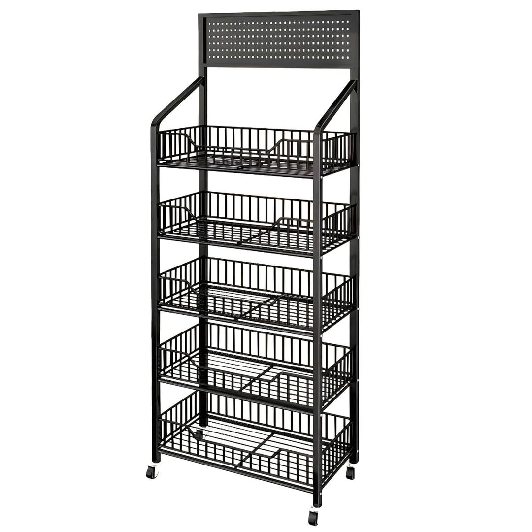 5 Tier Supermaket Snack Rack Display Stand, Free-Standing Black Retail Display Shelves with 12 Hooks & 4 Wheels, Large Metal Snack Shelf for Store Business