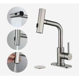 BARROCK Waterfall Bathroom Faucets with Pull Down Sprayer, Modern Bathroom Sink Faucet with 3-Function Pull Out Sprayer, 360 Degree Rotation Elegant Basin Vanity Mixer Tap, Gun Grey