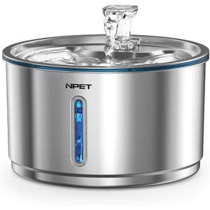 NPET Stainless Steel Cat Water Fountain, 1 Gallon/135oz Automatic Pet Drinking Fountain Dog Water Dispenser Bowl with Water Level Window for Cats Indoor - WF210Plus
