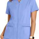 Women's Scrub Top Full Zip up Short Sleeve Nurse Shirts with 2 Zipper Pockets Jackets Lightweight Medical Uniform, S