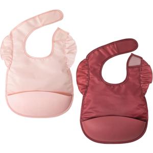 Tiny Twinkle Silicone Pocket Bibs - Waterproof, Food Catching, Mess-Proof Bibs for 6-24 Months Baby Boy and Girl, Toddlers (2-pack Rose, Burgundy)