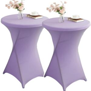 Qubjus 2 Pack Stretch Spandex Round Cocktail Tablecloth 32" x 43"  Elastic Fitted Table Cover for Weddings, Banquets, Parties, Restaurants  Light Purple