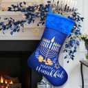 Realspring Happy Hanukkah Christmas Stocking Menorah Star of David 18 Inches Faux Fur Blue Velvet Stockings Fireplace Hanging Ornament for Chanukah Party Supplies Holiday Party Xmas Tree Decorations