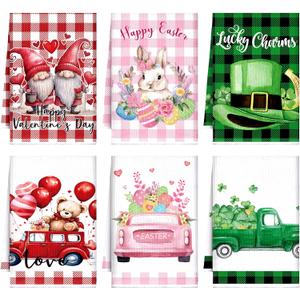 Sratte 6 Pcs Easter Kitchen Towels St. Patrick's Day Valentine's Day Dish Hand Towels 23.62 x 15.75 Decorative Holiday Heart Gnome Shamrock Bunny Tea Dry Cloth for Seasonal Kitchen Bathroom Decor (Red, Pink, Green)