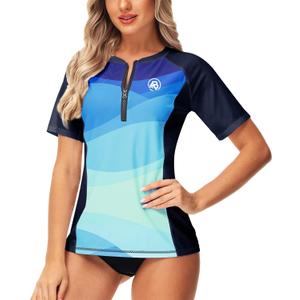 AOBUTE Women Zip Rash Guard UPF 50+ Gradient Short Sleeve Swim Top Surf Shirts (Large, Navy)