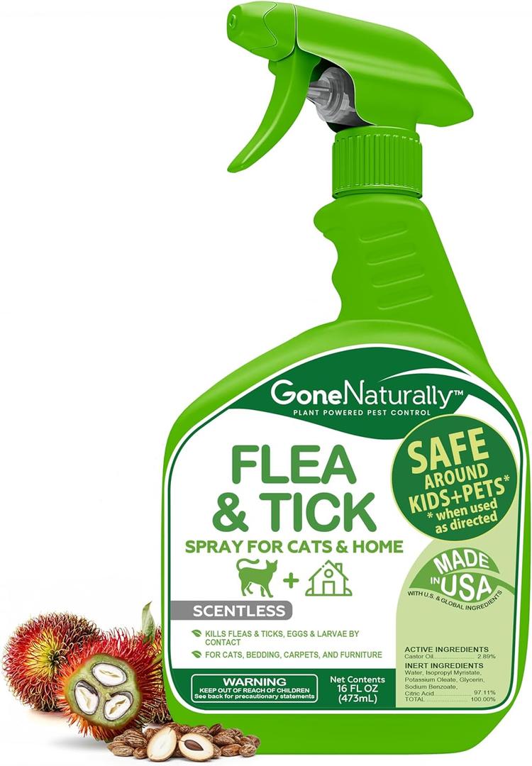 Flea and Tick Spray for Cats & Home Natural Flea and Tick Prevention for Cats Bed Bug & Multi-Insect Killer Scentless Plant-Based Formula Kills on Contact (16 oz)