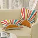 Summer Pillow Covers 16x16 Set of 2 Colorful Stripes Yellow Sunshine Throw Pillows Outdoor Boho Rainbow Sun Decorative Pillow Cases Linen Modern Farmhouse Cushion Case for Home Bedroom Decor