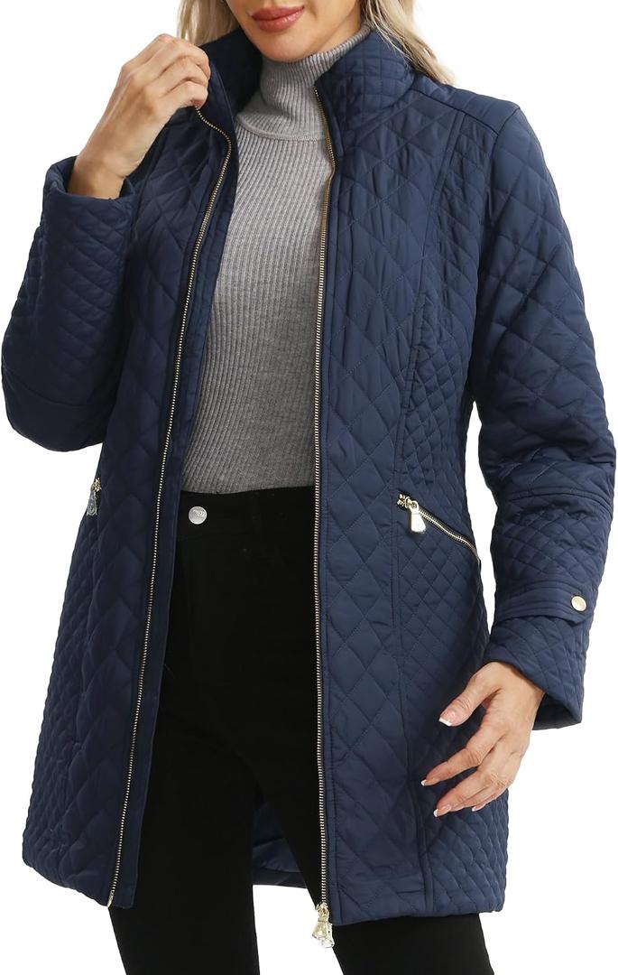 Women's Lightweight Long Diamond Quilted Jacket for Spring Fall | Relaxed Fit, Lightweight Warmth, Stand Collar, Deep Pockets for Daily Commute (Blue, S)