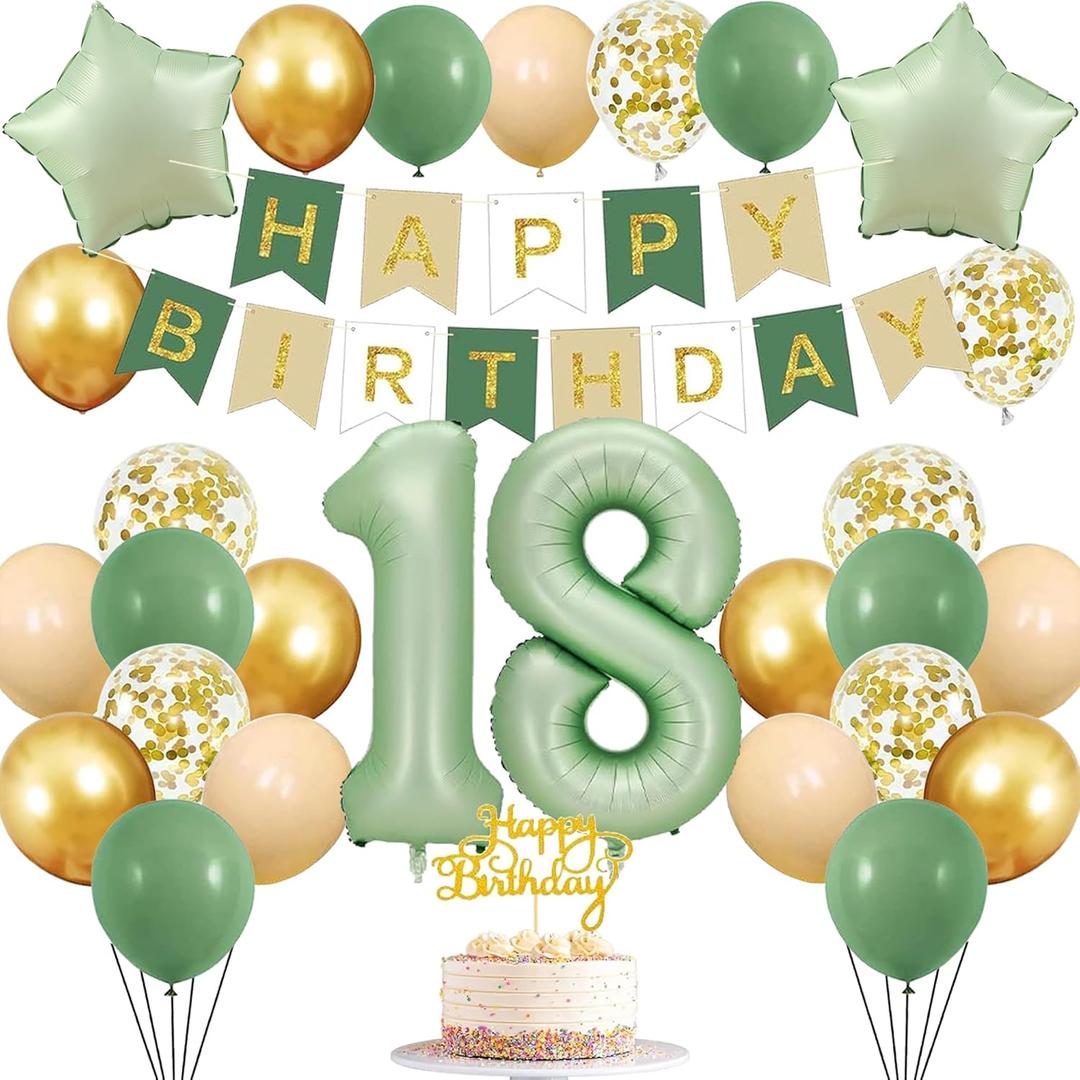 Sage Green 18th Birthday Decorations for Girls, Olive Green and Gold 18th Birthday Decorations Set, Happy Birthday Banner, Confetti Balloons for Girls Party Supplies