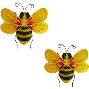 LIFFY Metal Bees Outdoor Decor, 2Pack 10 Inch Glass Bee Wall Art Sculptures for Home, Garden, Fence, Patio (2Pcs)