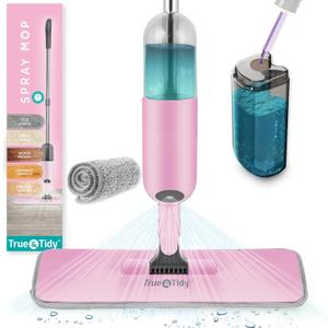 True & Tidy SPRAY-250 Multi-Surface Spray Mop with Refillable Water Bottle for Floor Cleaning, Works on Wood, Tile, Marble etc, Use Any Cleaning Solution, Machine Washable Microfiber Mop Pads, Pink