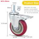 Stem Casters with BrakeHeavy Duty Caster Wheels Set of 4 PU Castors No Noise Swivel Casters M12x30mm with nut +Wrench (4inch)