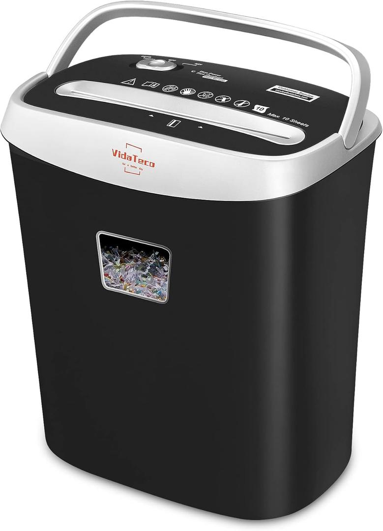 VidaTeco Paper Shredder for Home Office10-Sheet Cross-Cut Shredder with US Patented Cutter, Also Shreds Card/CD/Clip, Paper Shredding Machine for Home Use Heavy Duty with Jam Proof,3.9-Gallon Bin