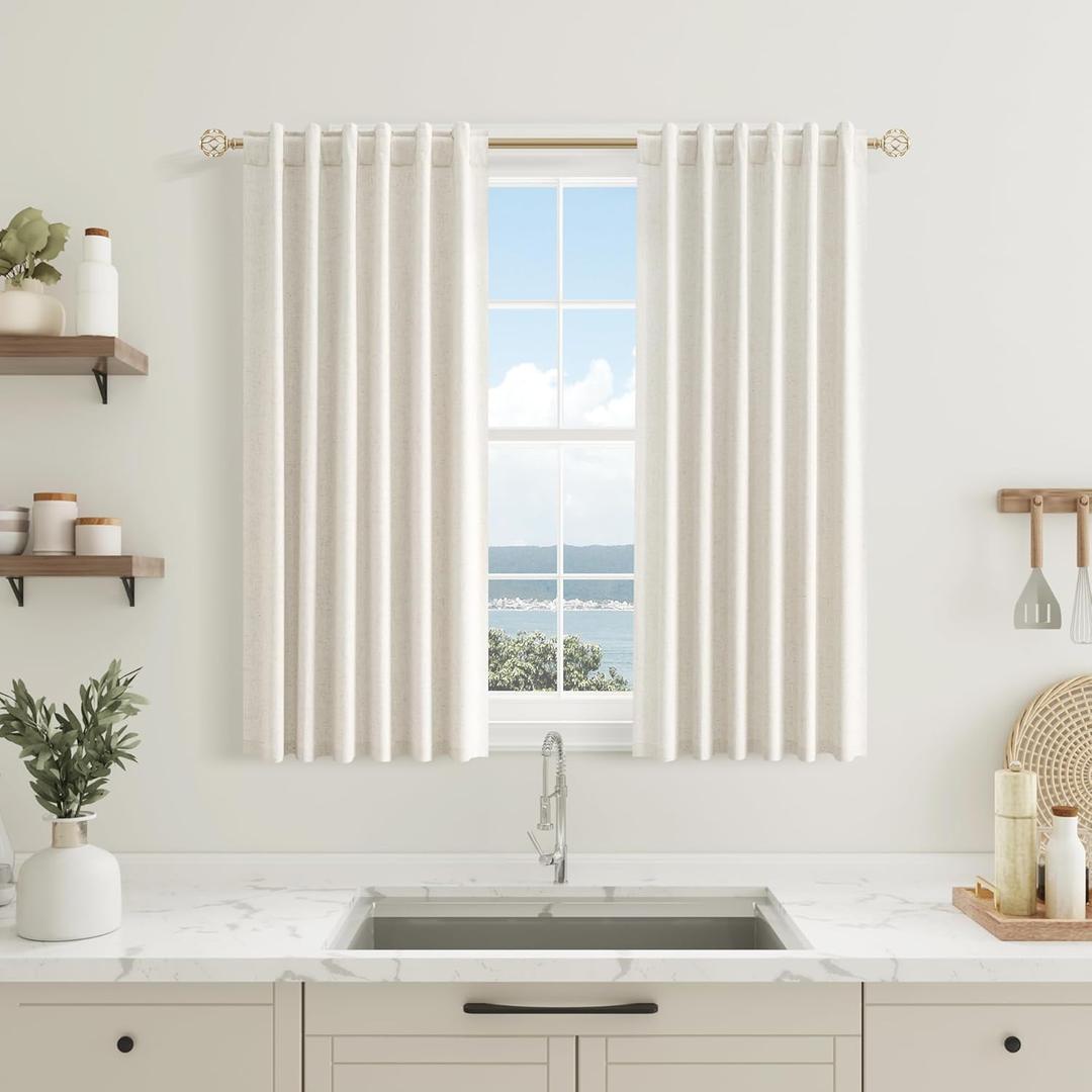 Guken 100% Blackout Cream Linen Curtains 45 Inch Wide by 38 Inch 2 Panels Set for Kitchen Bathroom Back Tab Thermal Insulated Black Out Drapes Room Darkening Window Curtains