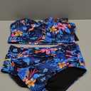 Daci Women Plus Size Two Piece Swimsuit - High Waisted Bikini Tummy Control Bathing Suit Bandeau Swimwear (XX-Large, Blue and Flower)