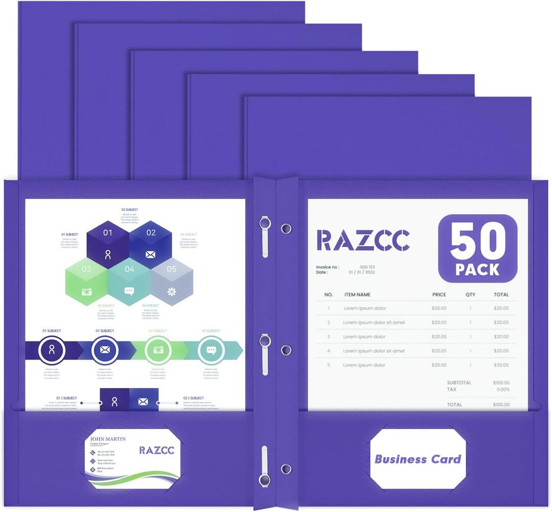 Two Pocket Folders, RAZCC 50 Pack Two Pocket Folders with Prongs, 3 Prong Folders Fit Letter Size Paper, Pocket File Folders for School Office Home Business, Purple Two Pocket Folders, RAZCC 50 Pack Two Pocket Folders with Prongs, 3 Prong Folders Fit Letter Size Paper, Pocket File Folders for School Office Home Business, Purple