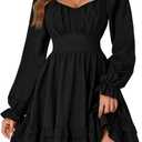 KIFOVEN Women's Lantern Long Sleeve Smocked Wrap Tiered Ruffle Flowy A Line Short Mini Dress (Black, XL)