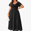 EYWOL Women's Plus Size Lace Maxi Dress Short Sleeve V Neck Flowy Empire Waist Smocked Back Wedding Guest Dress XL