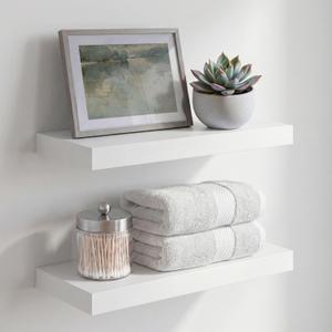 Homeforia White Floating Shelves 16 inch, High End Solid Real Wood 16inch Bathroom Floating Shelf for Wall Mounted, White Wooden 16 Floating Shelves, Heavy Duty Bracket, 16 X 6.5 X 1.75 inch, Set of 2 (Classic White - Soft Neutral Satin)