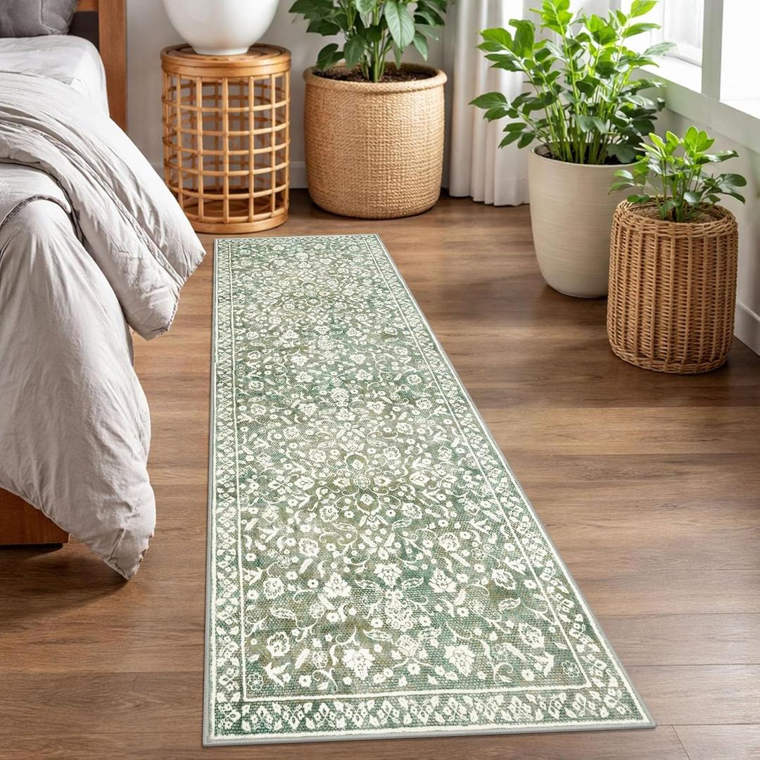 Vintage 2x7 Runner Rug, Sage Green Beige Washable Runners for hallways, Super Soft Kitchen Runner Rug Non Slip, Print Faux Wool Floral Thin Carpet Runner for Entryway Indoor Bedside Runner