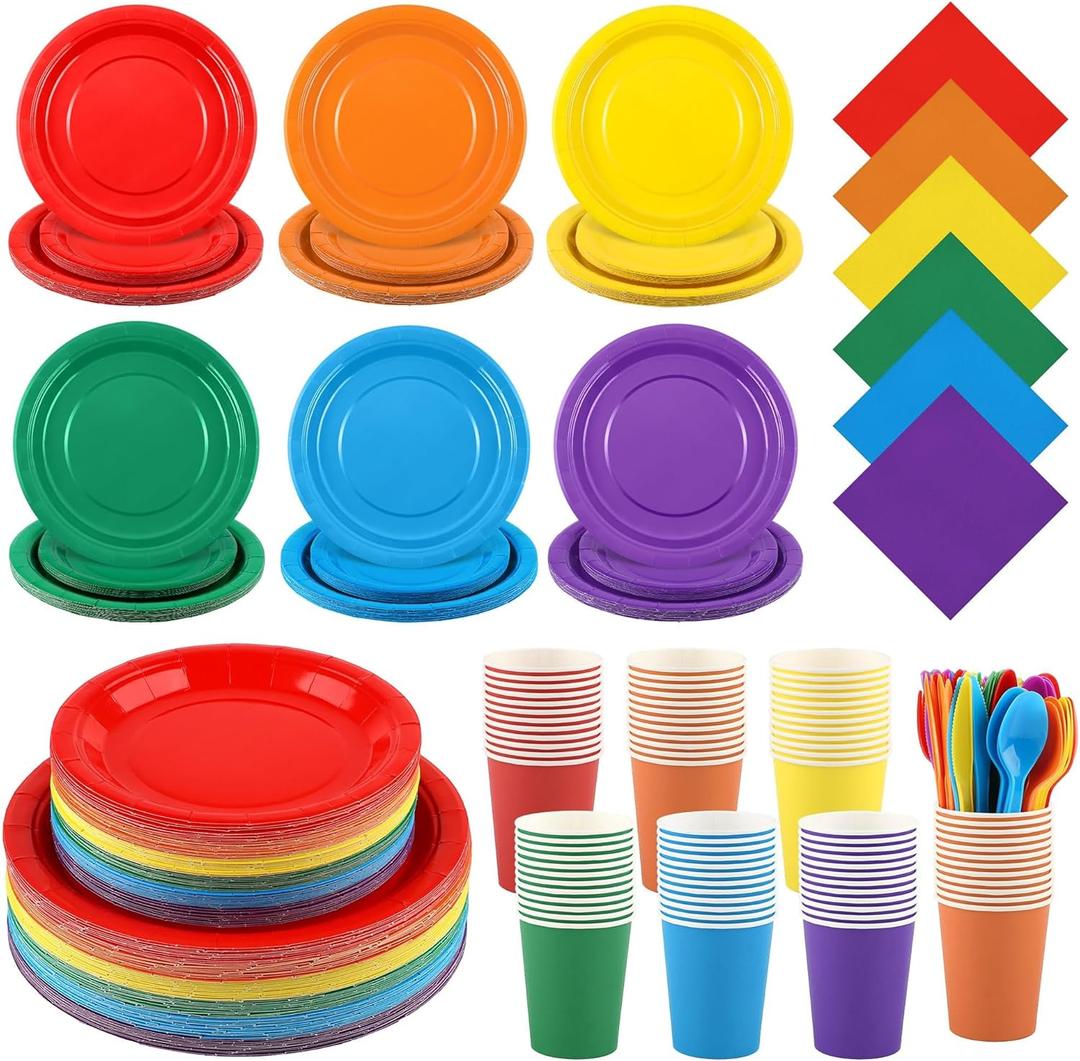 Kochorie 504 Pcs Rainbow Party Supplies Set, Colorful Disposable Paper Tableware Set 7 inch & 9 inch Plates Cups Napkins Cutlery for Birthday Baby Shower Rainbow Neon Party Decorations, Serve 72