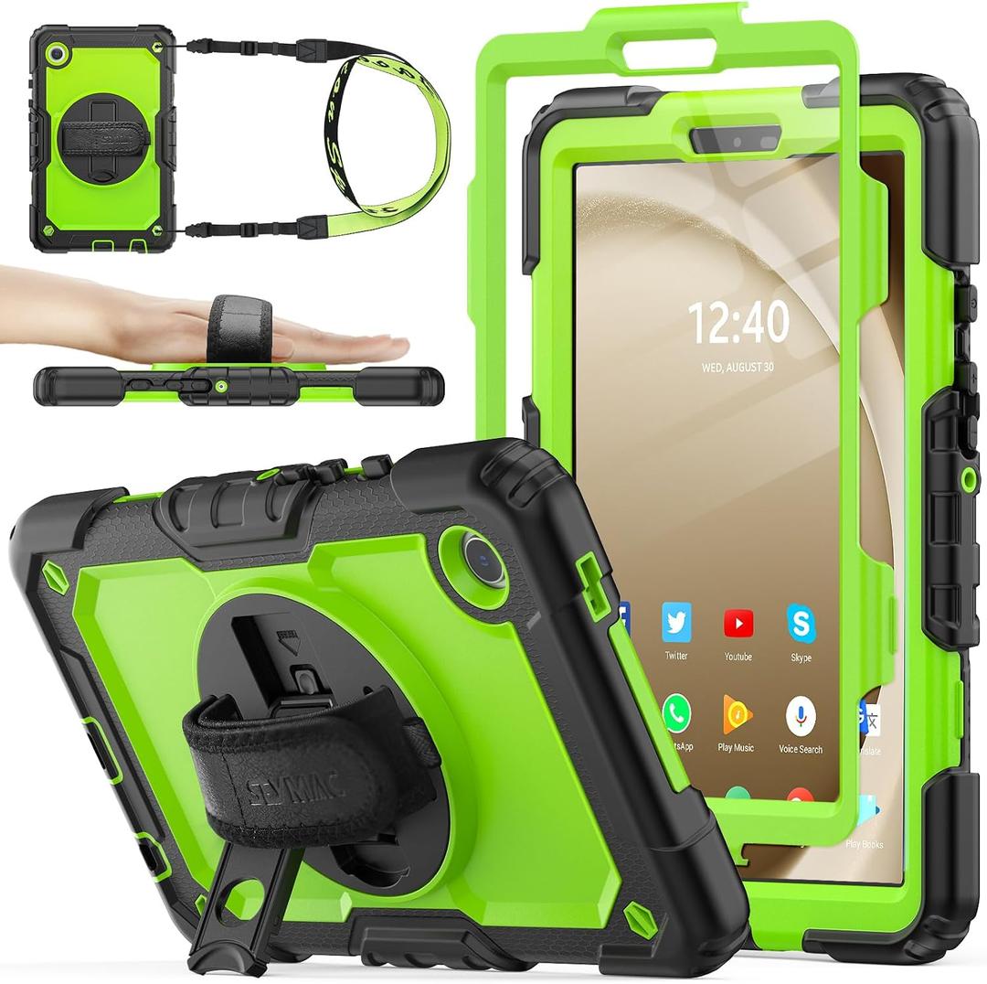 SEYMAC stock Case for Samsung Galaxy Tab A9 8.7'', Full-Body Drop Protection Case with Screen Protector Pencil Holder [360 Rotating Hand Strap] &Stand, Green+Black