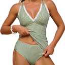 ZAFUL Womens Tankini Swimsuits Smocked 2 Piece Bathing Suits Modest Tie Back Swimwear (Green, M)