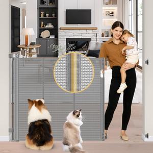 Reinforced 42" Extra Tall Baby Gate 55" Wide Retractable Dog Gate with Support Rods - Bottom Anti-Escape, Extra Tall Pet Gate Indoor Stair Gate Retractable Gates for Dogs Outdoor Gates for Decks, Gray