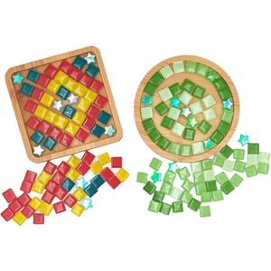 Esweny 2 Sets of Glass Mosaic Tiles for Crafts, Mixed Colors Mosaic Kits with Bamboo Coaster for Adults,Mosaic Crafts Materials Package for Coaster Handmade Home Decor Gifts (Round+Square)