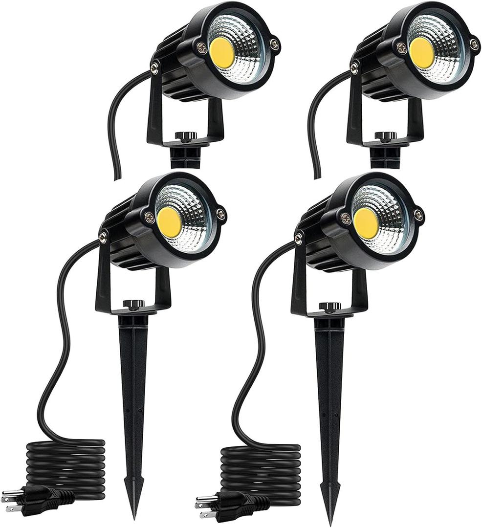 Yard Spot Lights Warm White Outdoor Spotlights, 3000K 120V LED Landscape Lights Waterproof Uplights with Spiked Stand for Yard House Lawn Front Porch US 3 Plug (4 Lights)