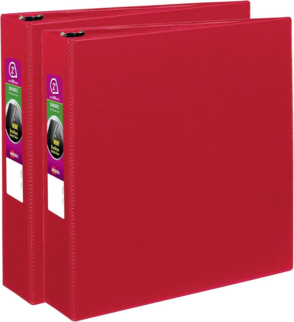 Avery Durable 3 Ring Binders, 2 Inch Slant Rings, 2 Red Binders (46015)