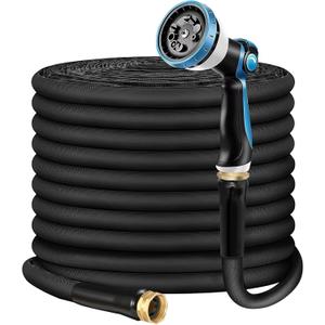 Non-Expandable Garden Hose 100feet, Flexible Water Hose with 10 Function Hose Nozzle, Lightweight, Tangle Free, Rust Proof for Yard (Black)