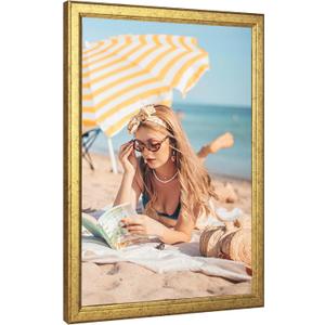 15x19 Wood Frame Gold, Ornate Natural 19x15in Picture Poster Frame, Modern Golden 15 x 19inch Gallery Wall Photo Frame with HD Plexiglass, Horizontal Vertical Wall Mounting Display 1pcs