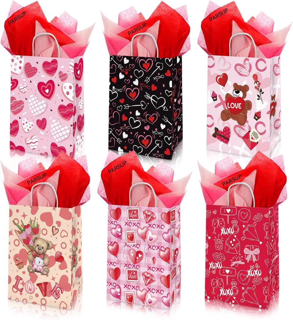 PARSUP 36pcs Valentines Day Gift Bags with 48 sheet Red Pink Tissue Paper, Goodie Bags, Valentine Candy Bags, Gift Bags for Lover, Treat Bags for Boyfriend, Girlfriend, Birthday Party Decor