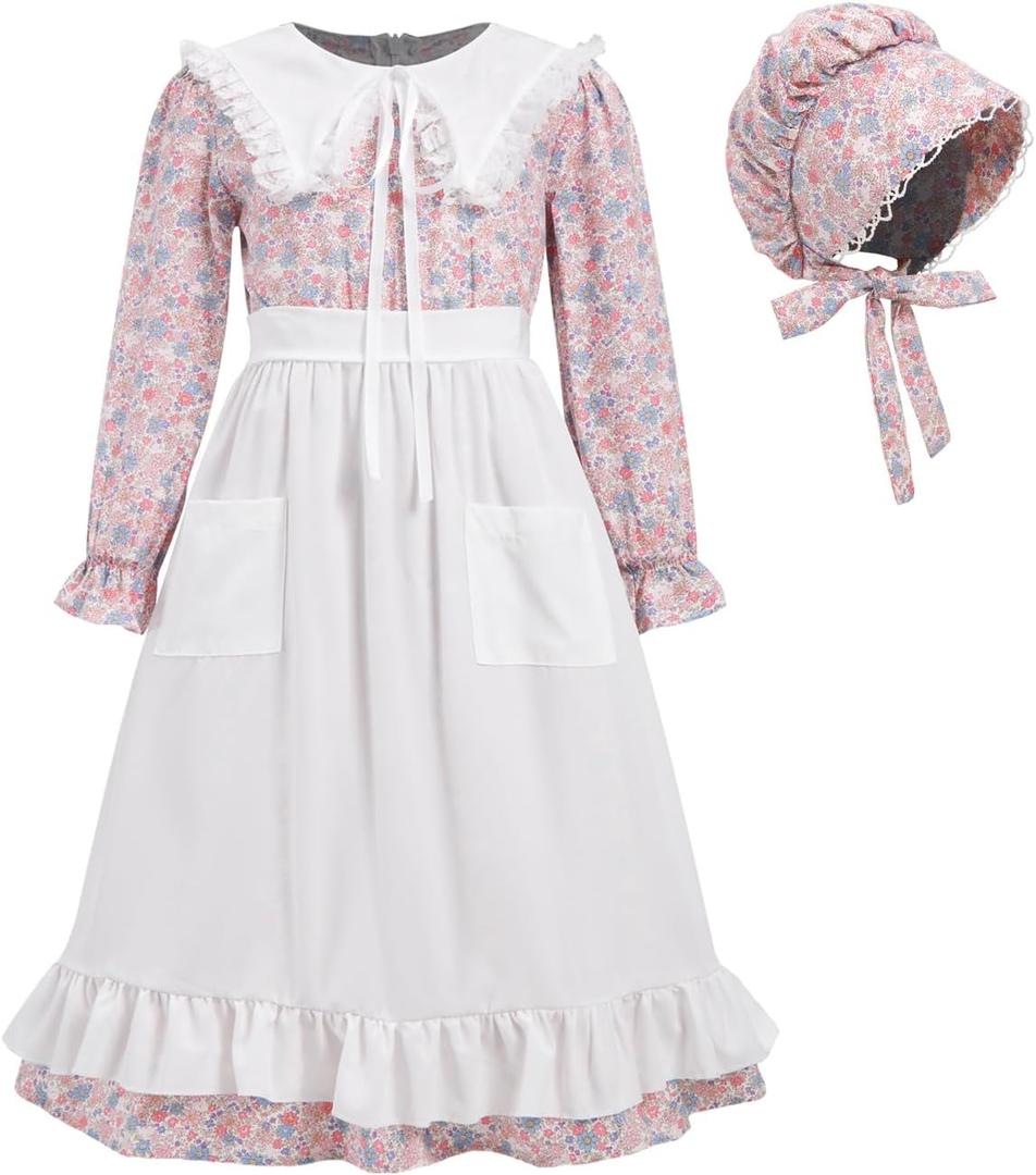 Prairie Dress Girls Pioneer Colonial Costume Floral 1800s Pilgrim Costume with Apron and Bonnet (9-10Y, Pink)