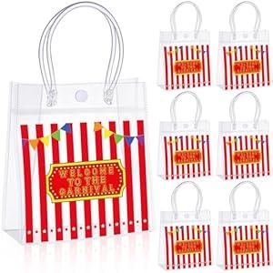 Sweetude 24 Pcs Circus Carnival Party Favor Bags Bulk with Handle Party Favor Clear PVC Goodie Candy Treat Tote Transparent Shopping Gift Bags for Birthday Decorations Rewards Supplies