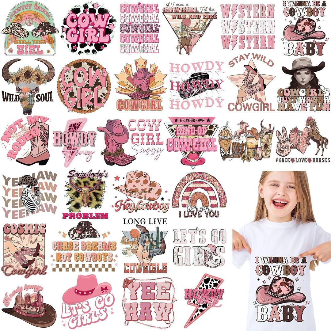 Yuntau 30 Pcs Western Iron On Transfer Patches Iron On Vinyl Decals for Jeans Western DTF Heat Transfer Vinyl Stickers DIY Appliques for Clothing T Shirt Pillow Hat(Cowgirl)