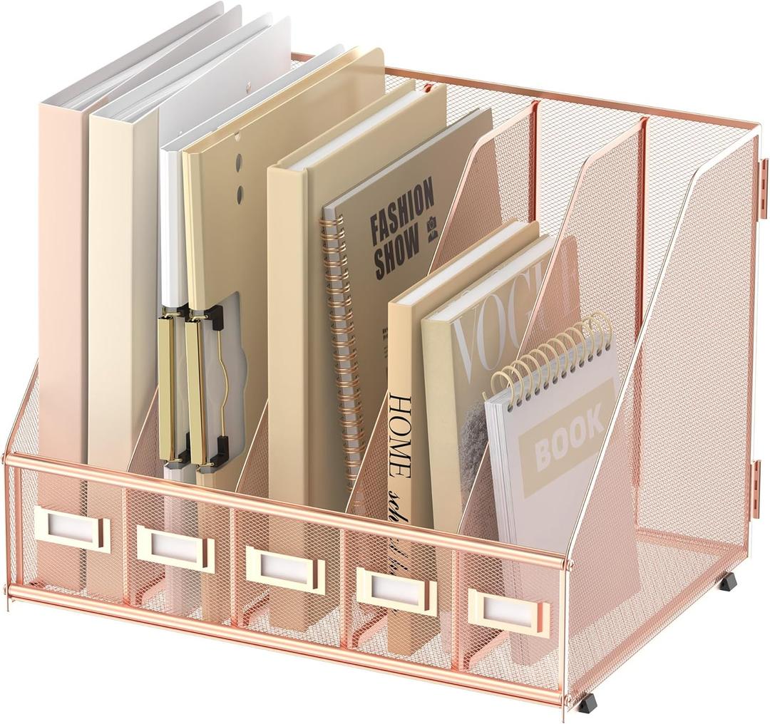 SUPEASY Desk Organizers Metal Desk Magazine File Holder with 5 Vertical Compartments Rack File Organizer for Office Desktop, Home Workspace, Rose Gold (Small)