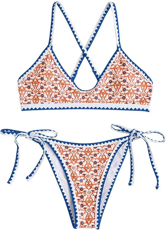 ZAFUL Women's Bohemian Swimsuit Strappy Tie Side Bikini Set Triangle Cheeky String Brazilian Swimwear (White)