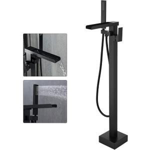 Freestanding Bathtub Faucet Matte Black Waterfall Bathtub Faucet Floor Mount Tub Filler Single Handle Bathtub Shower Faucets with Hand Shower Swivel Spout Brass Mixer Tap by BWE